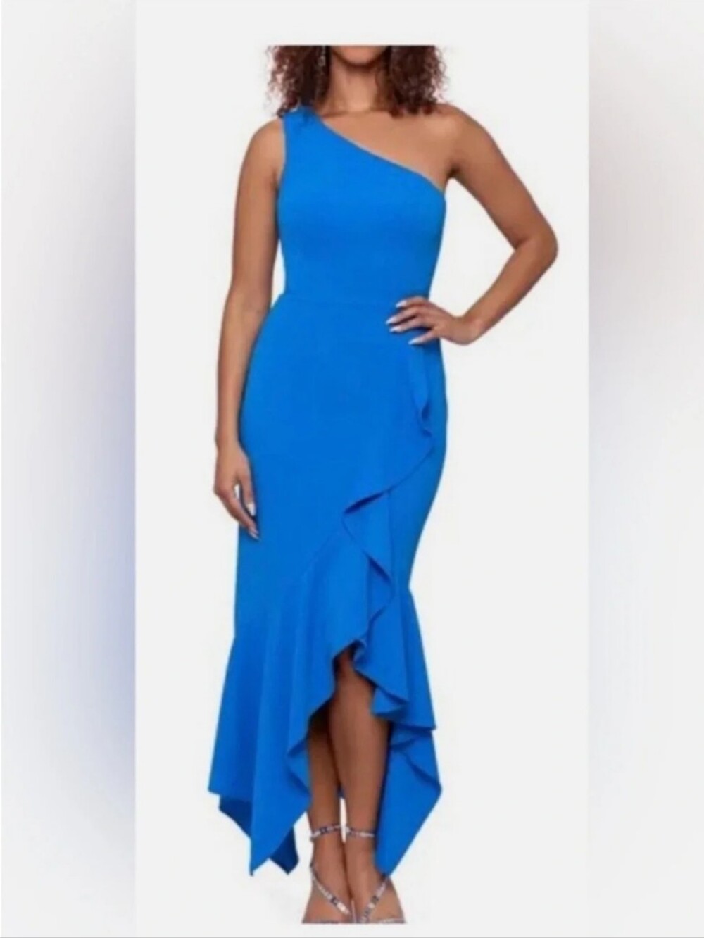 Xscape One Shoulder Ruffle Hem Midi Dress Blue Formal Cocktail Dress Size 6 NWT